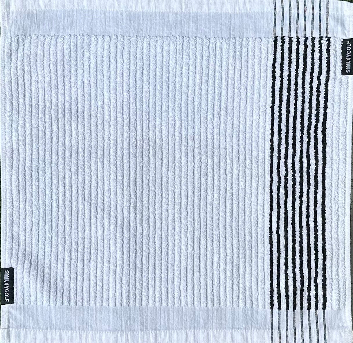 PLAYERS COTTON TERRY SQUARE GOLF TOWEL WITH BLACK STRIPES (97% Pure Cotton)