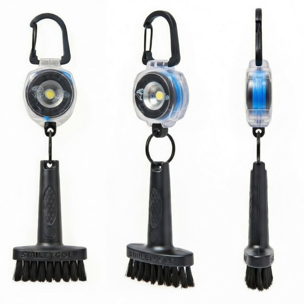 Mini Golf Brush with Clear Retractable Carabiner Keychain Clip and Color Kevlar Cord (blue cord)