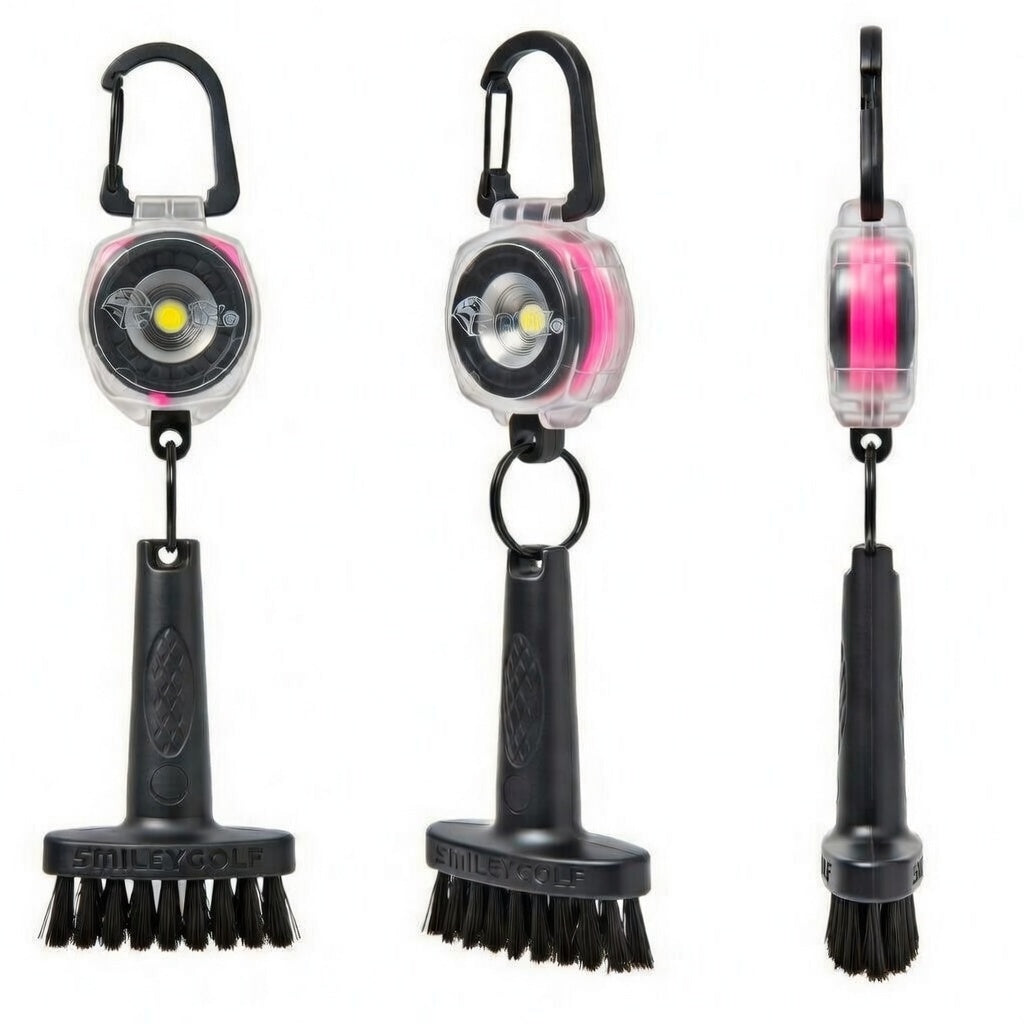 Mini Golf Brush with Clear Retractable Carabiner Keychain Clip and Color Kevlar Cord (pink cord)