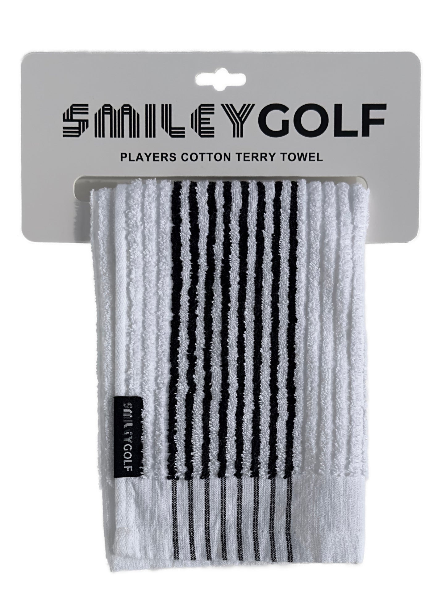 PLAYERS COTTON TERRY SQUARE GOLF TOWEL WITH BLACK STRIPES (97% Pure Cotton)