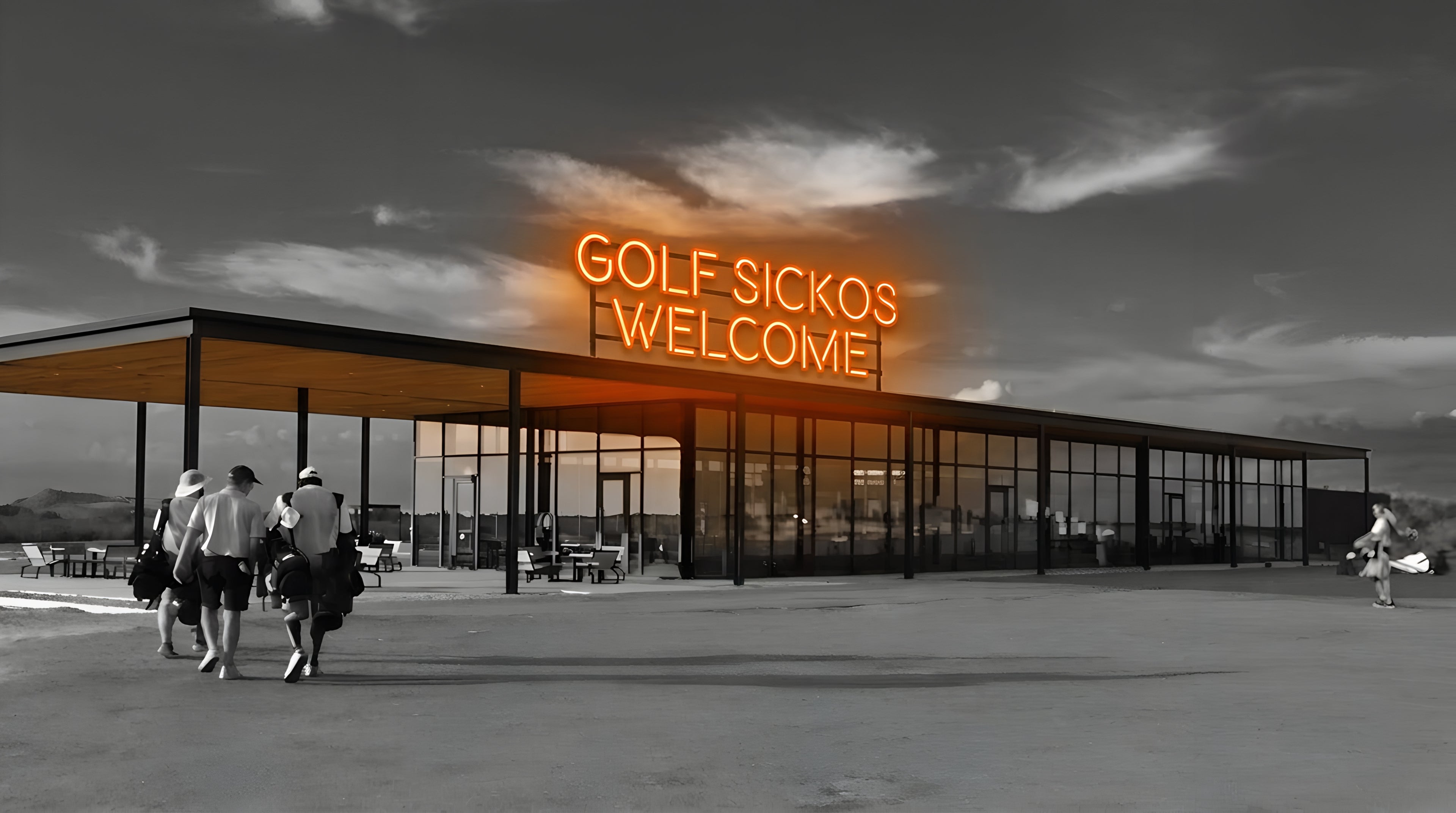 Hero Image for Desktop - Clubhouse with 'Golf Sickos Welcome' Neon Orange Sign