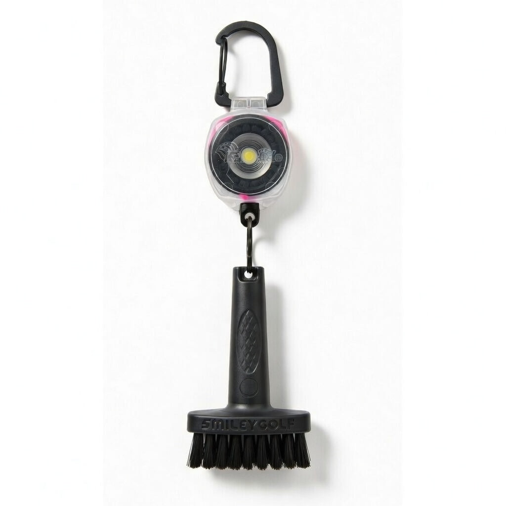 Mini Golf Brush with Clear Retractable Carabiner Keychain Clip and Color Kevlar Cord (pink cord)