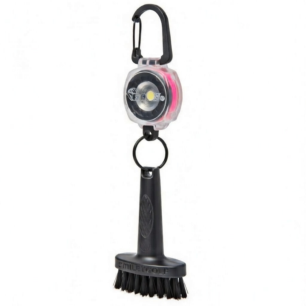 Mini Golf Brush with Clear Retractable Carabiner Keychain Clip and Color Kevlar Cord (pink cord)